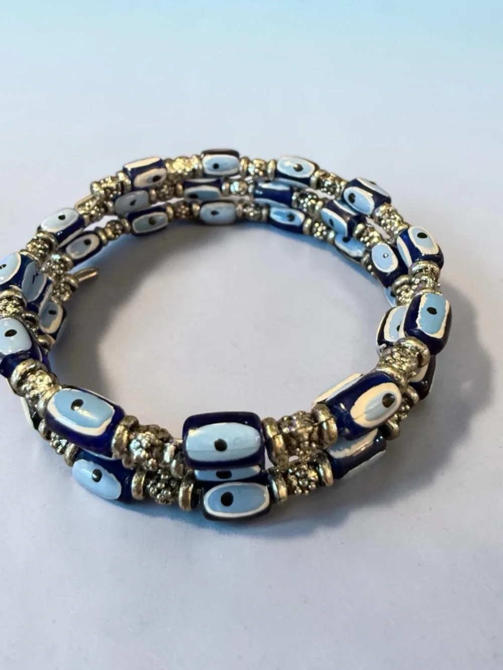 Blue & White Beaded Wrap Bracelet Silver Tone Multi Strand